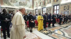 Pope Francis greets participants in a meeting promoted by the International Catholic Legislators Network in the Vatican's Clementine Hall, Aug. 27, 2021. Vatican Media.